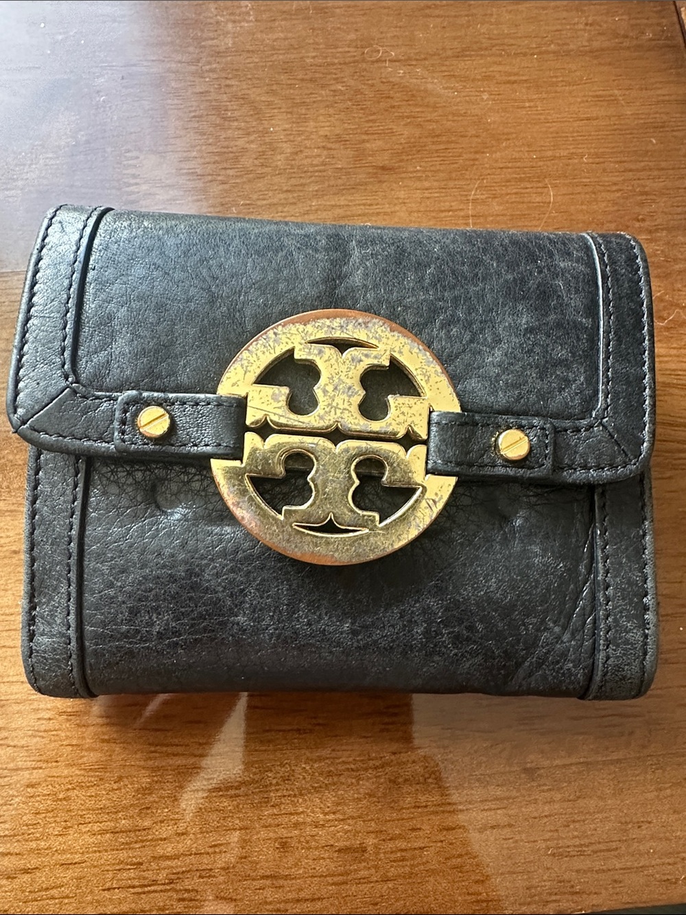 Tory Burch Amanda Black Leather Trifold Wallet with Gold Emblem